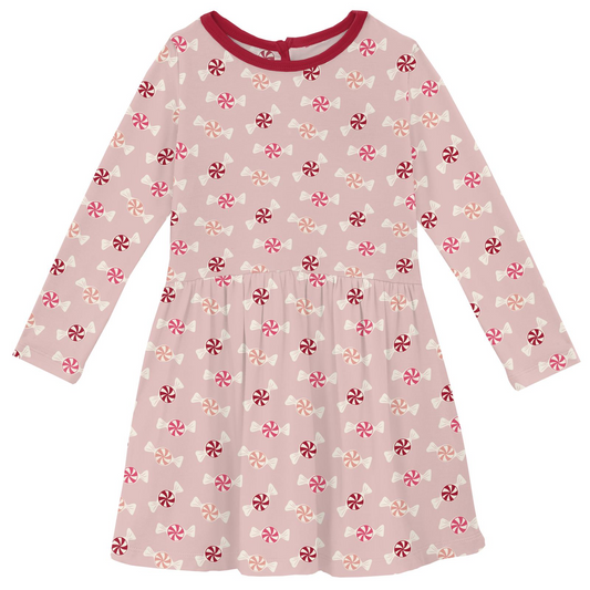 Print Long Sleeve Twirl Dress with Pockets in Baby Rose Peppermints