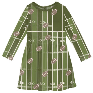 Long Sleeve Twirl Dress with Pockets in Pesto Football