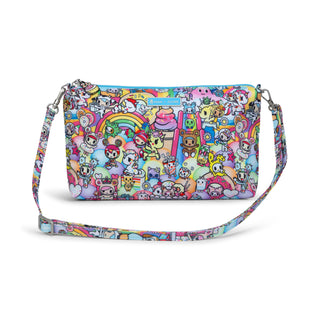 Colorful handbag with tokidoki character pattern on a white background