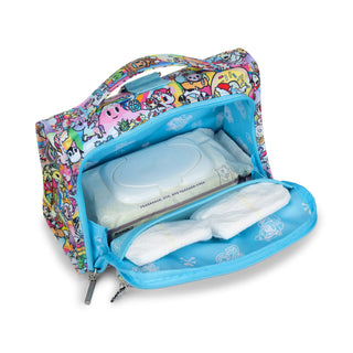 Colorful toiletry bag with baby items on a white background