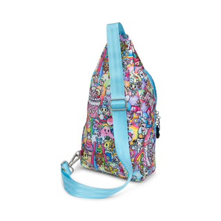 Back view of Colorful sling bag with tokidoki character pattern on a white background