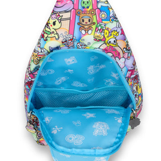 Colorful sling backpack with tokidoki character design on a white background