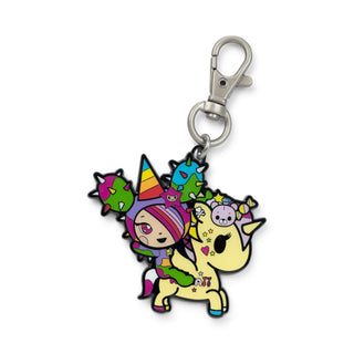 Colorful keychain with a tokidoki Sandy character on a unicorn on a white background