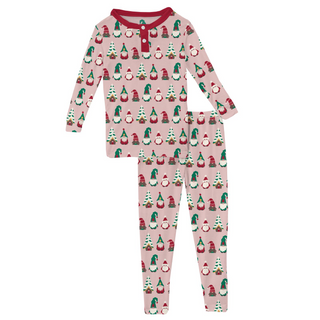 Print Long Sleeve Henley Pajama Set: Baby Rose Gnomes