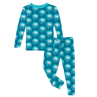 Bamboo Print Long Sleeve Pajama Set: Cerulean Blue Palm Tree Sun