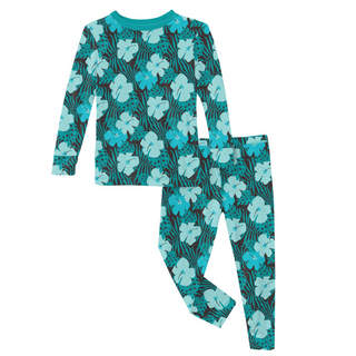 Bamboo Print Long Sleeve Pajama Set: Midnight Hawaiian Print