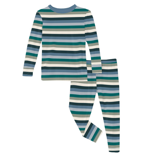 Kickee Pants Print Long Sleeve Pajama Set: Snowy Stripe