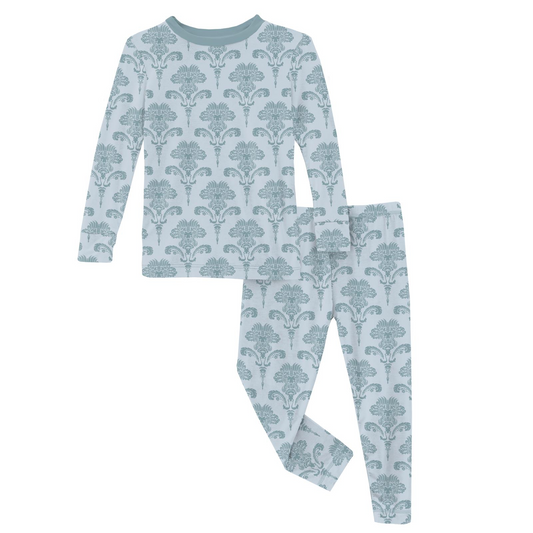 Kickee Pants Print Long Sleeve Pajama Set: Illusion Blue Damask