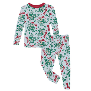 Print Long Sleeve Pajama Set: Illusion Blue Mistletoe & Ribbons