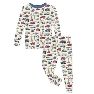 Long Sleeve Pajama Set in Natural Construction Trucks