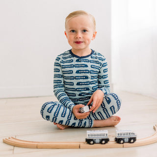 Long Sleeve Pajama Set in Spring Sky London Trains