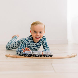 Long Sleeve Pajama Set in Spring Sky London Trains