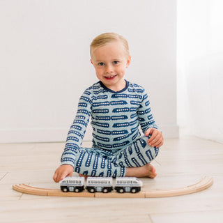 Long Sleeve Pajama Set in Spring Sky London Trains