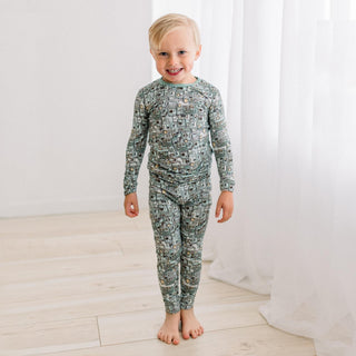 Long Sleeve Pajama Set in Spring Sky Tinkering