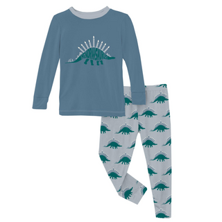 Print Long Sleeve Graphic Tee Pajama Set: Pearl Blue Menorahsaurus