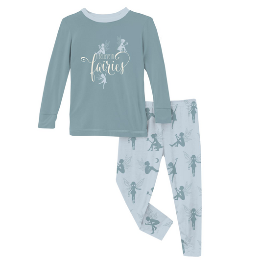 Long Sleeve Graphic Tee Pajama Set: Illusion Blue Forest Fairies