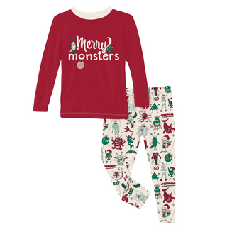 Print Long Graphic Tee Sleeve Pajama Set: Merry Monsters