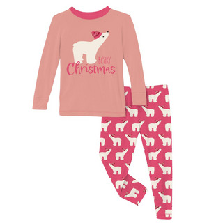 Print Long Graphic Tee Sleeve Pajama Set: Winter Rose Polar Bears