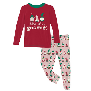 Print Long Sleeve Graphic Tee Pajama Set: Baby Rose Gnomes