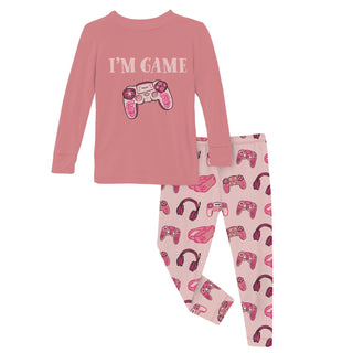Long Sleeve Graphic Tee Pajama Set in Baby Rose Gamer