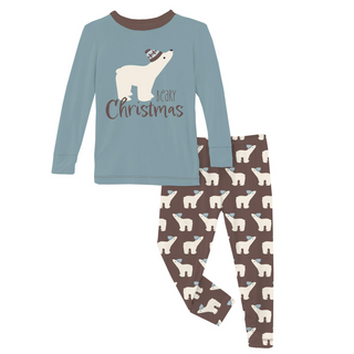 Print Long Graphic Tee Sleeve Pajama Set: Coffee Polar Bears