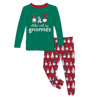 Long Sleeve Graphic Tee Pajama Set: Crimson Gnomes