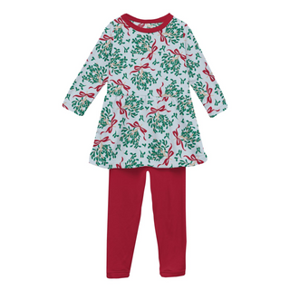 Print Long Sleeve Playtime Outfit Set in Illusion Blue Mistletoe & Ribbons