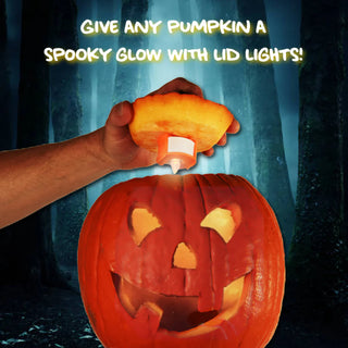 Hand holding a carved pumpkin with lid lights against a Halloween-themed background.