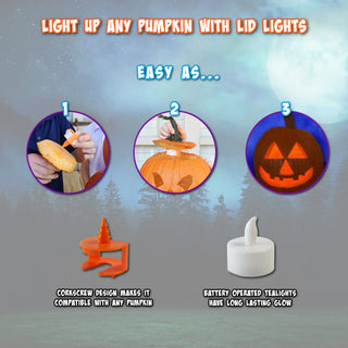 Instructions for using lid lights to light up a pumpkin with a corkscrew design and battery-operated tealights.