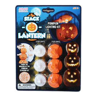 Packaged Halloween pumpkin lighting kit with pumpkins and lights on a blue background