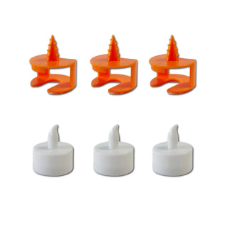 Three orange candle holders with small LED candles on a white background