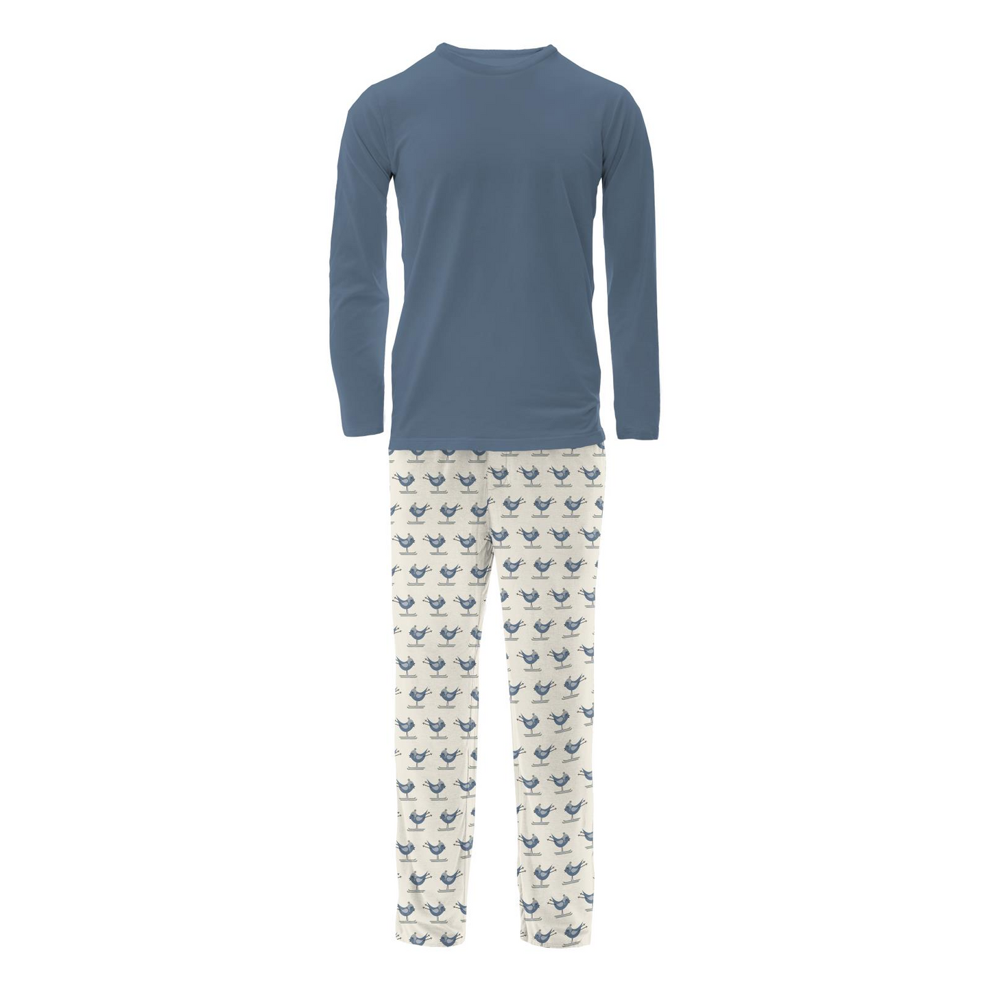 Men's Print Long Sleeve Pajama Set: Natural Ski Birds