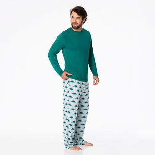 Men's Print Long Sleeve Pajama Set: Pearl Blue Menorahsaurus