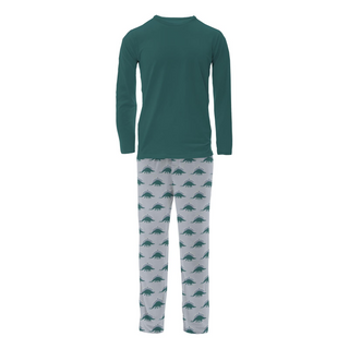 Men's Print Long Sleeve Pajama Set: Pearl Blue Menorahsaurus