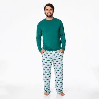 Men's Print Long Sleeve Pajama Set: Pearl Blue Menorahsaurus