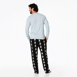 Men's Bamboo Print Long Sleeve Pajama Set: Midnight Snowman