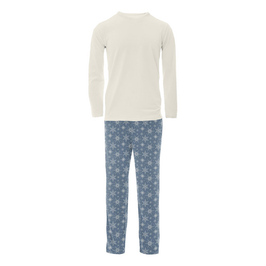Kickee Pants Men's Print Long Sleeve Pajama Set: Parisian Blue Snowflakes