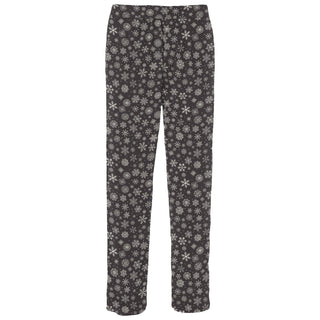 Black pants with white snowflake pattern on a white background