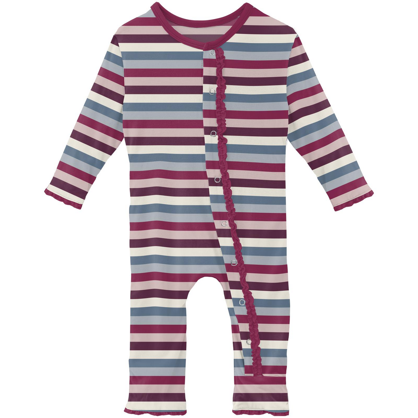 Bamboo Print Muffin Ruffle Coverall with Snaps: Jingle Bell Stripe