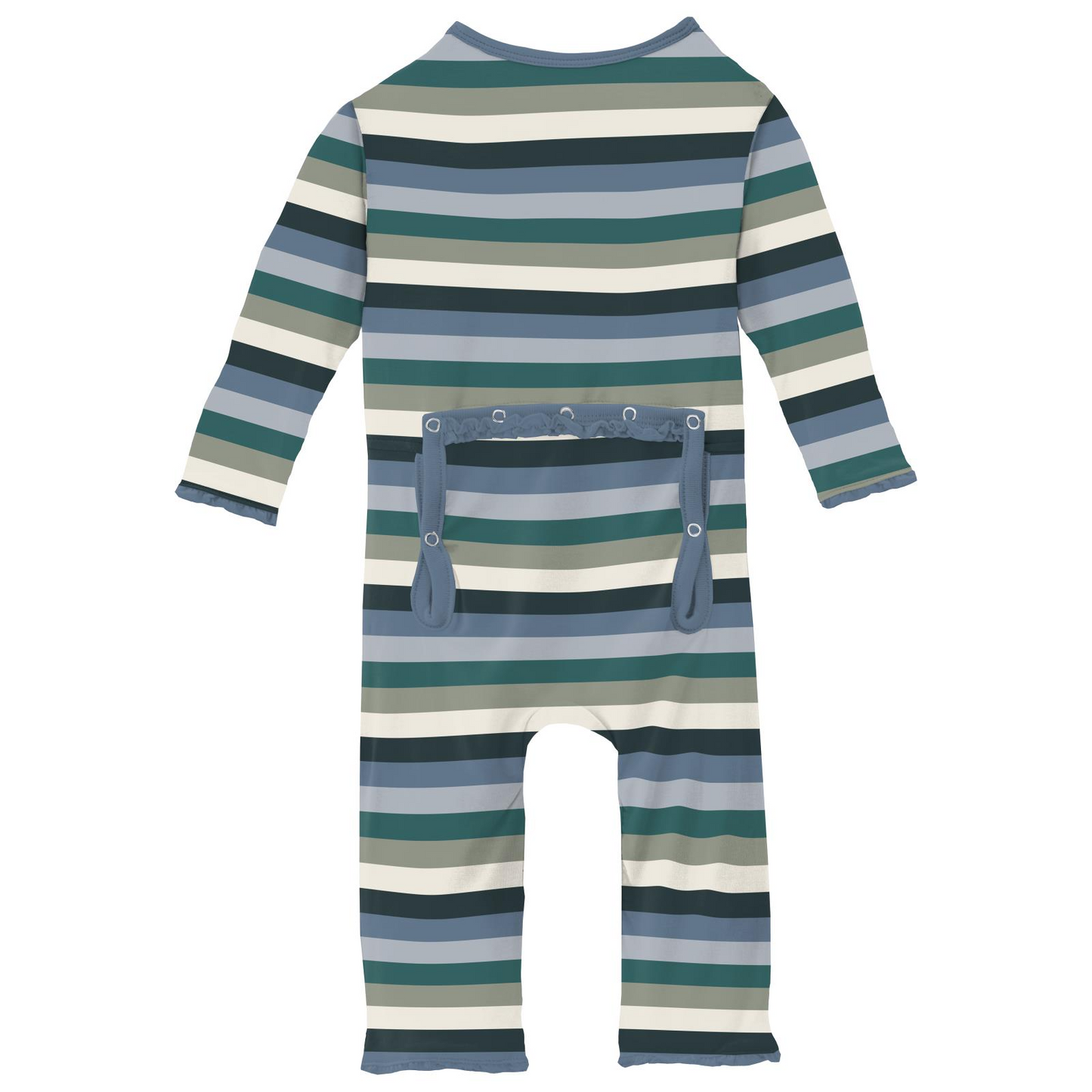 Bamboo Print Muffin Ruffle Coverall with Snaps: Snowy Stripe