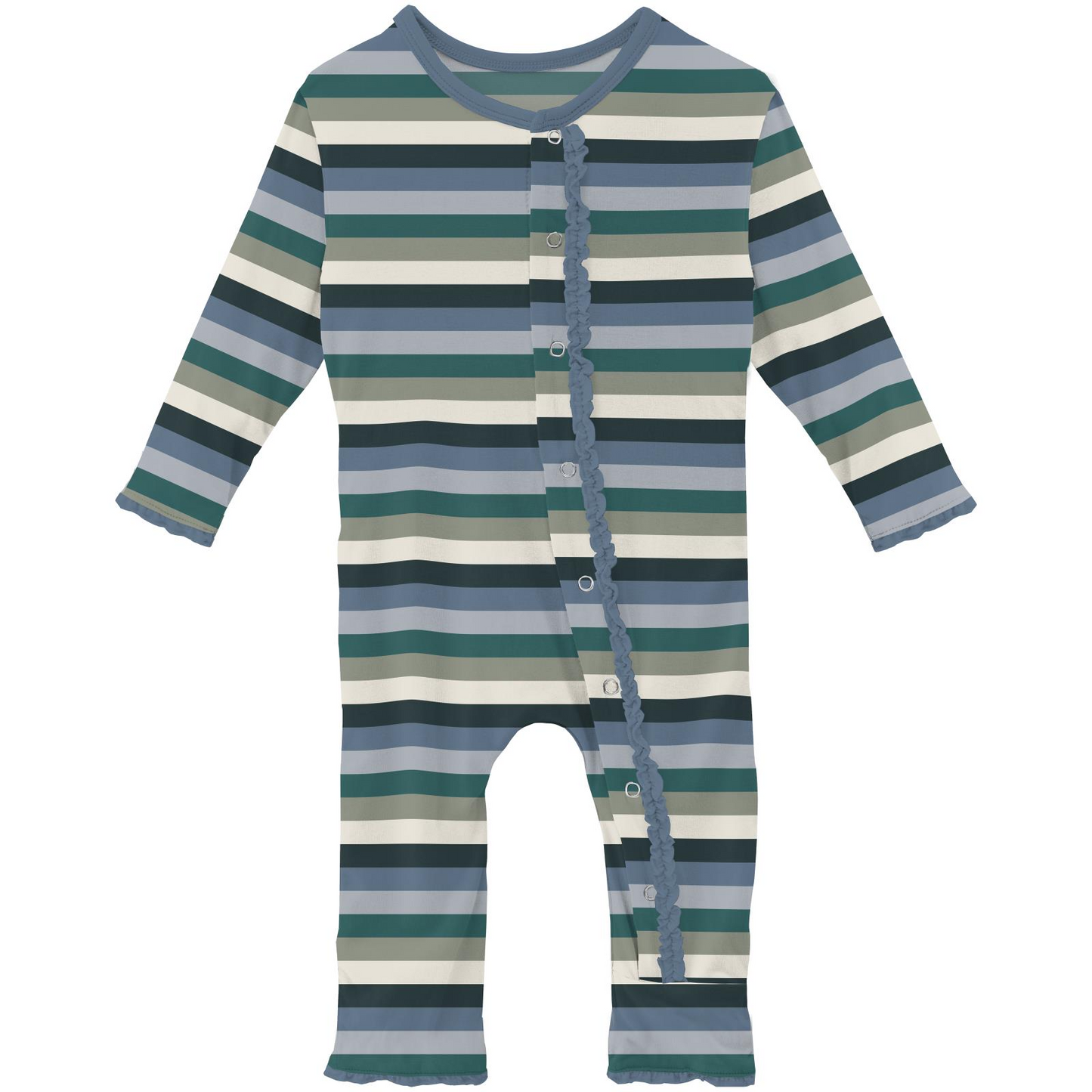 Bamboo Print Muffin Ruffle Coverall with Snaps: Snowy Stripe