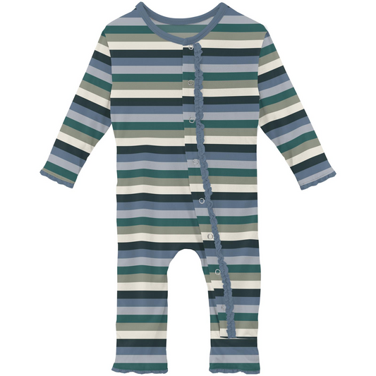 Bamboo Print Muffin Ruffle Coverall with Snaps: Snowy Stripe