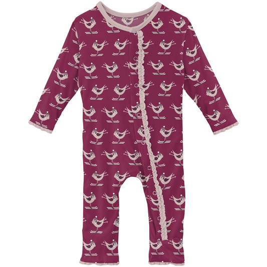 Bamboo Print Muffin Ruffle Coverall with Snaps: Berry Ski Birds