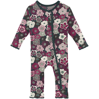 Bamboo Print Muffin Ruffle Coverall with Snaps: Hellebores