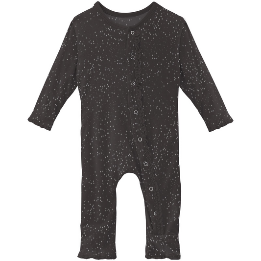 Bamboo Print Muffin Ruffle Coverall with Snaps: Midnight Foil Constellations