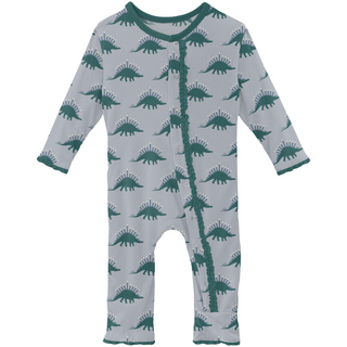 Bamboo Print Muffin Ruffle Coverall with Snaps: Pearl Blue Menorahsaurus