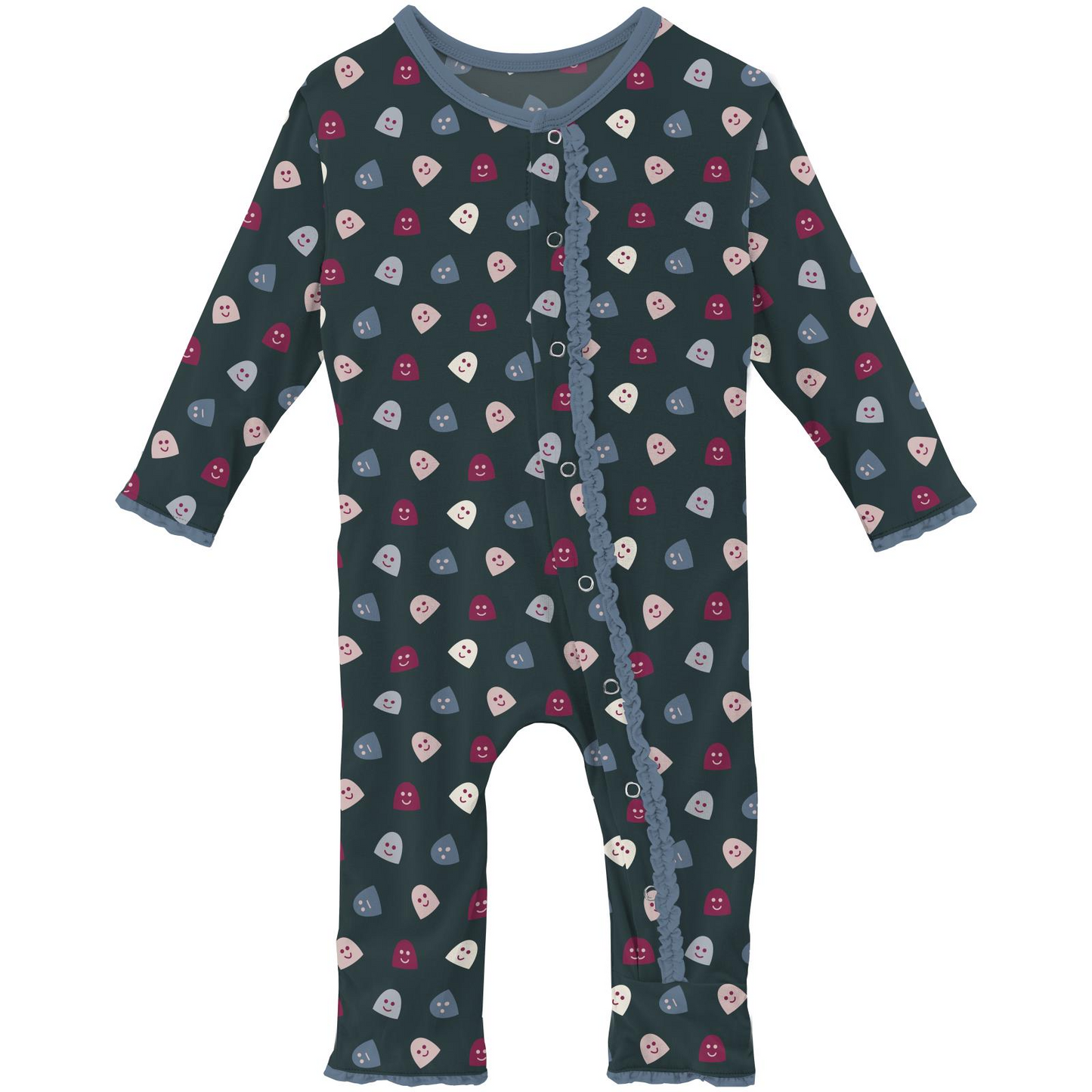 Kickee Pants Print Muffin Ruffle Coverall with Snaps: Pine Happy Ghosts/Pine Happy Gumdrops