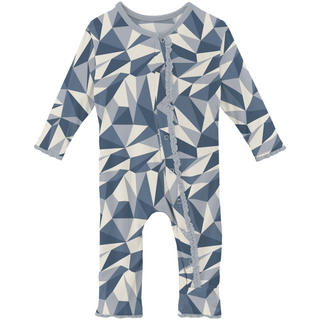 Bamboo Print Muffin Ruffle Coverall with Snaps: Winter Ice