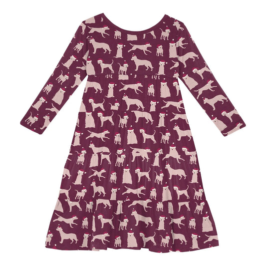 Print Long Sleeve Tiered Dress in Melody Santa Dogs