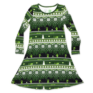 Minecraft Creeper Holiday Bamboo Girls' Long Sleeve Dress